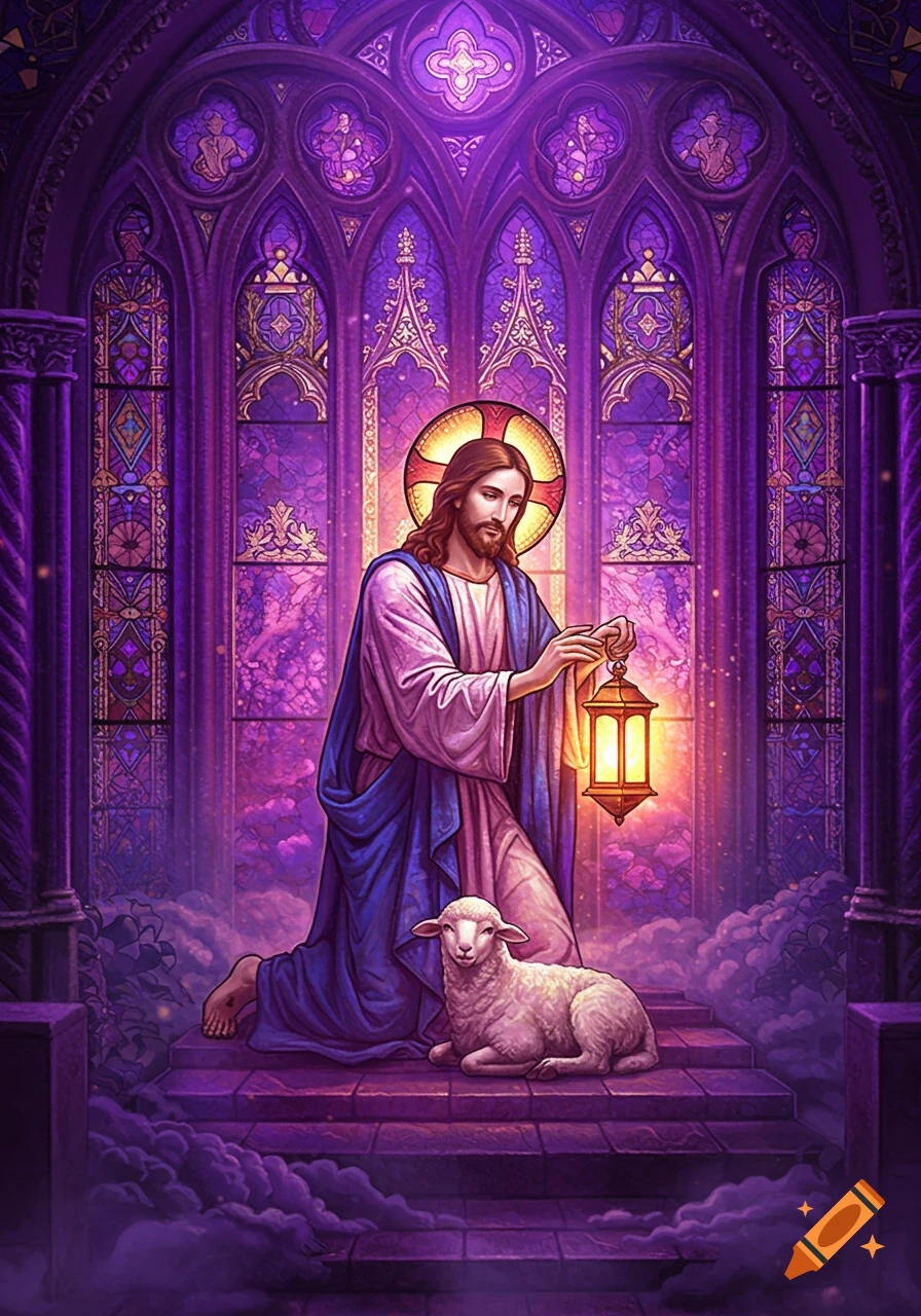 Jesus kneels in a purple stained glass church, holding a glowing lantern next to a lamb.