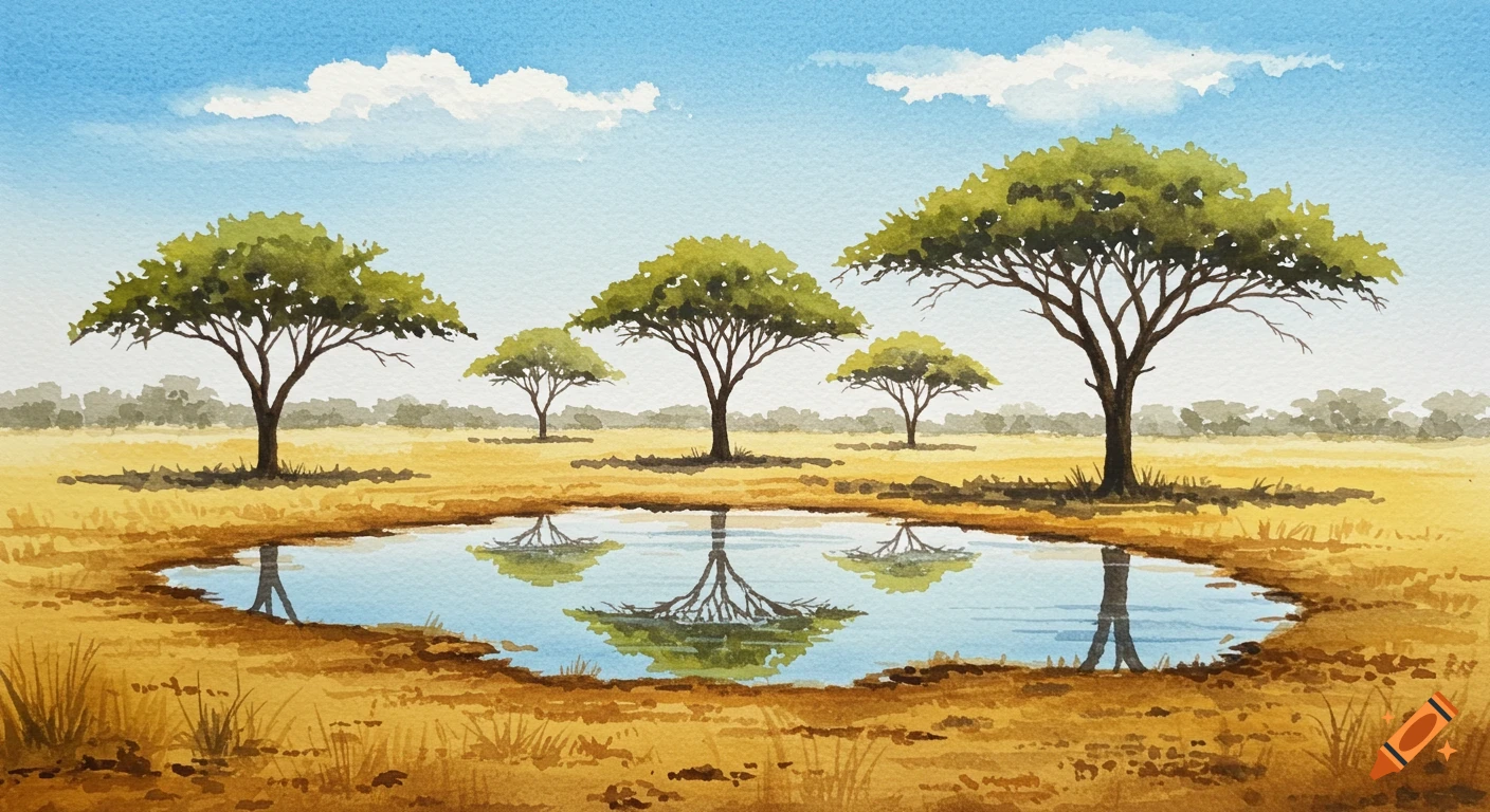 A watercolor painting of a savanna landscape with several acacia-like trees reflecting in a waterhole under a blue sky.