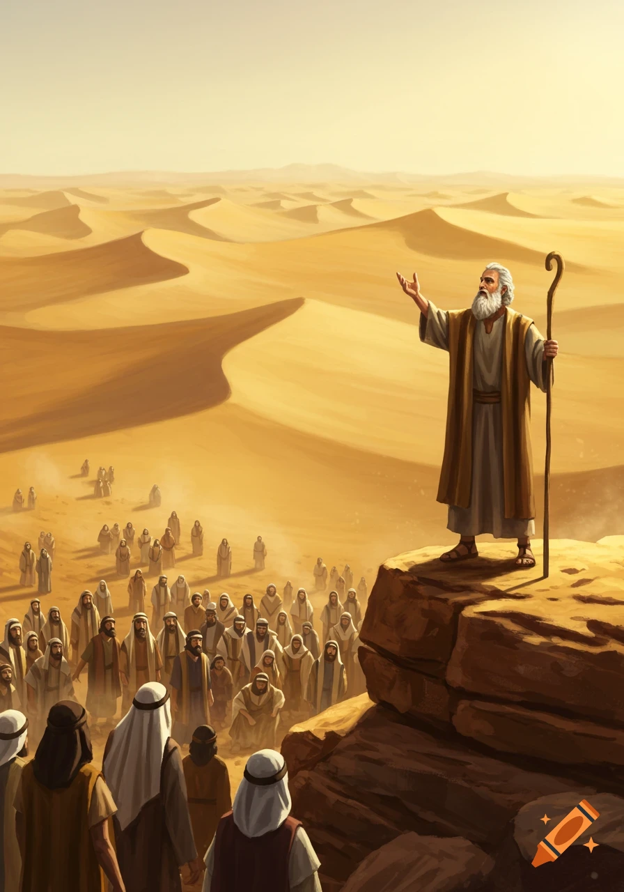An illustrated scene of Moses, with a staff, speaking from a rocky outcrop to a large crowd in a vast desert with sand dunes.