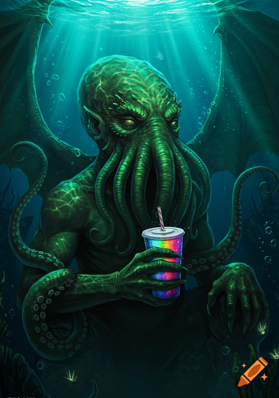 A detailed illustration of a green, winged Cthulhu creature underwater, holding and sipping from a sparkling rainbow-colored cup with a straw.