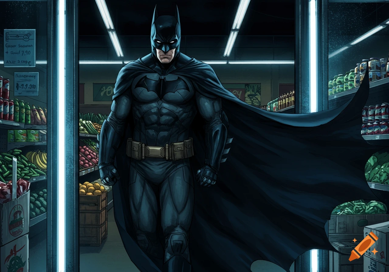 A comic book illustration of Batman in his dark suit and flowing cape, standing in a dimly lit grocery store aisle.