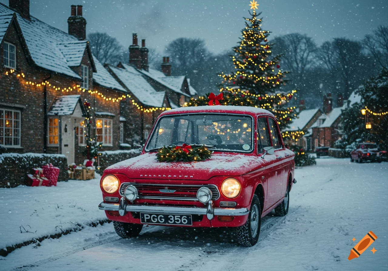 A red vintage car on a snowy street, decorated for Christmas, in front of festive houses and a Christmas tree.