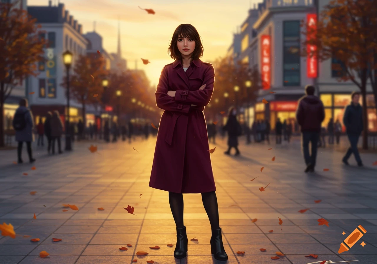 A woman in a burgundy trench coat stands on a city street with autumn leaves at sunset.