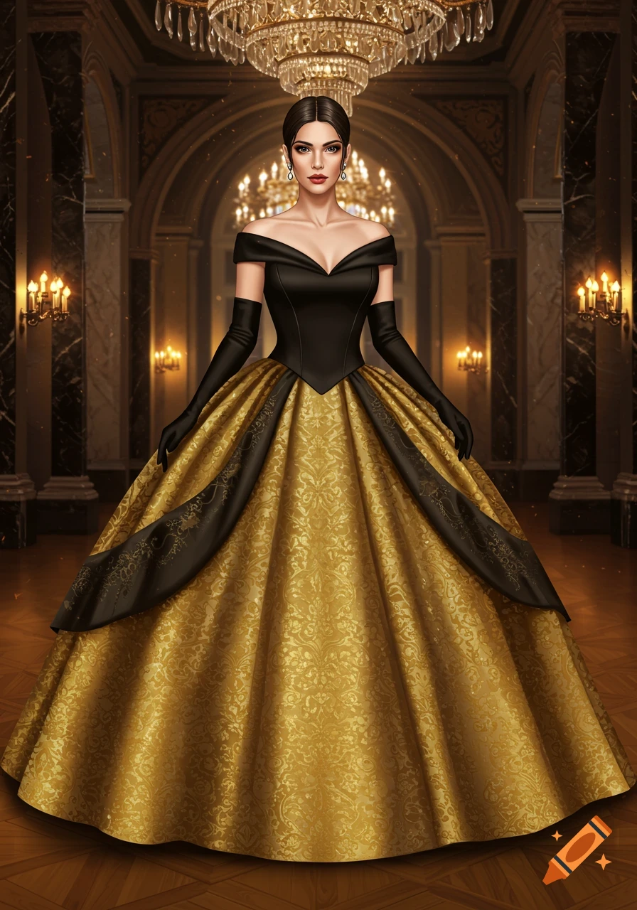 A woman in a magnificent black and gold Gilded Age-inspired ball gown stands in a lavish ballroom.