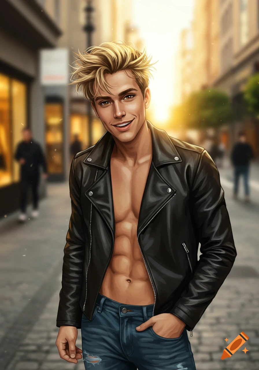 Digital illustration of a smiling blonde man with an open leather jacket and jeans on a city street.