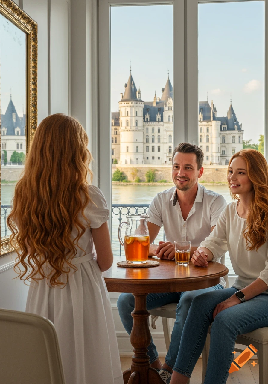 A girl with long red hair stands, facing a man and woman at a table with iced tea, in a room overlooking a grand white castle across a river.