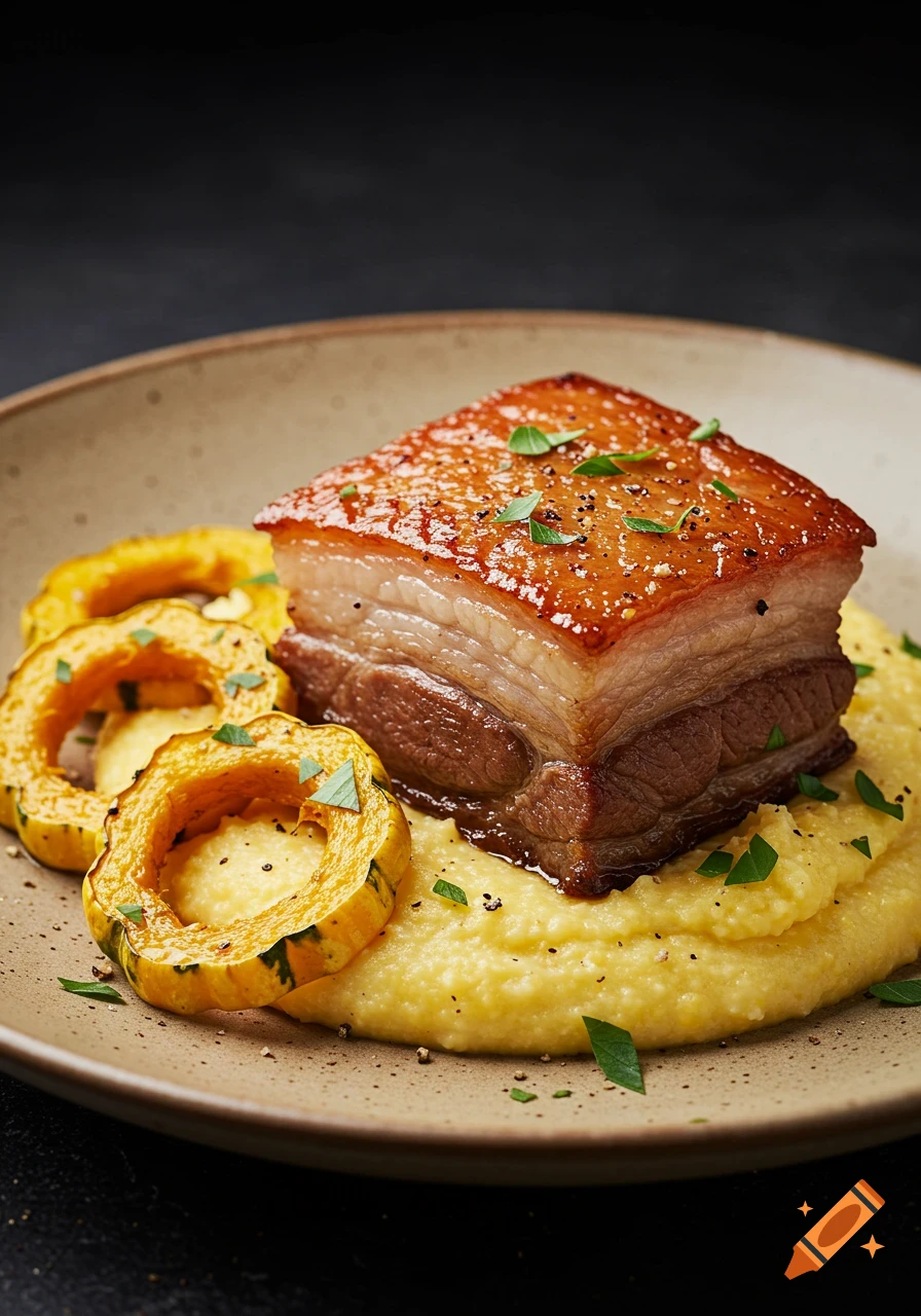 A photorealistic close-up of a plated meal with crispy pork belly, creamy polenta, and roasted delicata squash slices.
