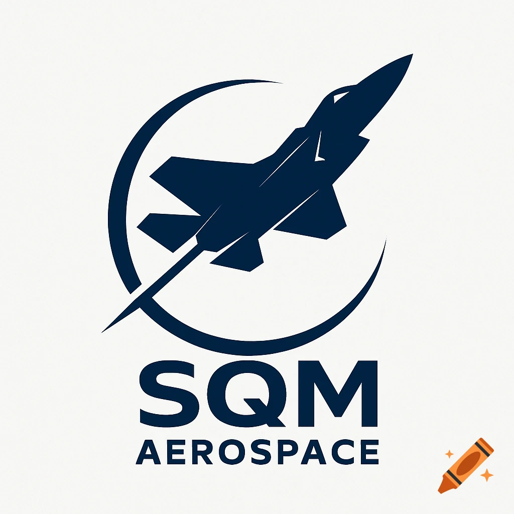 A dark blue logo for SQM Aerospace featuring a silhouette of an F-35 fighter jet within a circular emblem.