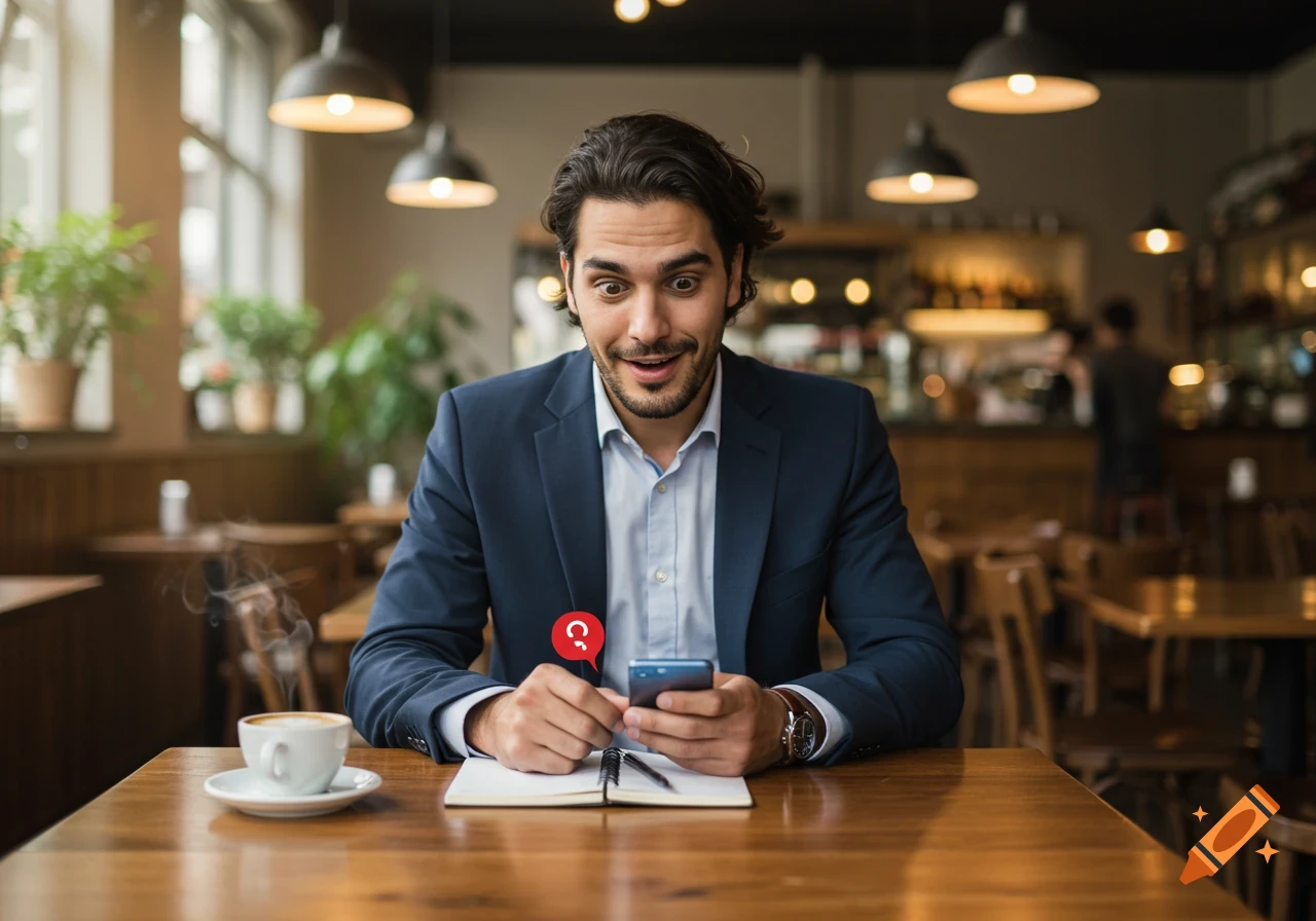 A surprised man in a suit looks at his smartphone in a cafe, with a coffee cup and notebook on a wooden table.