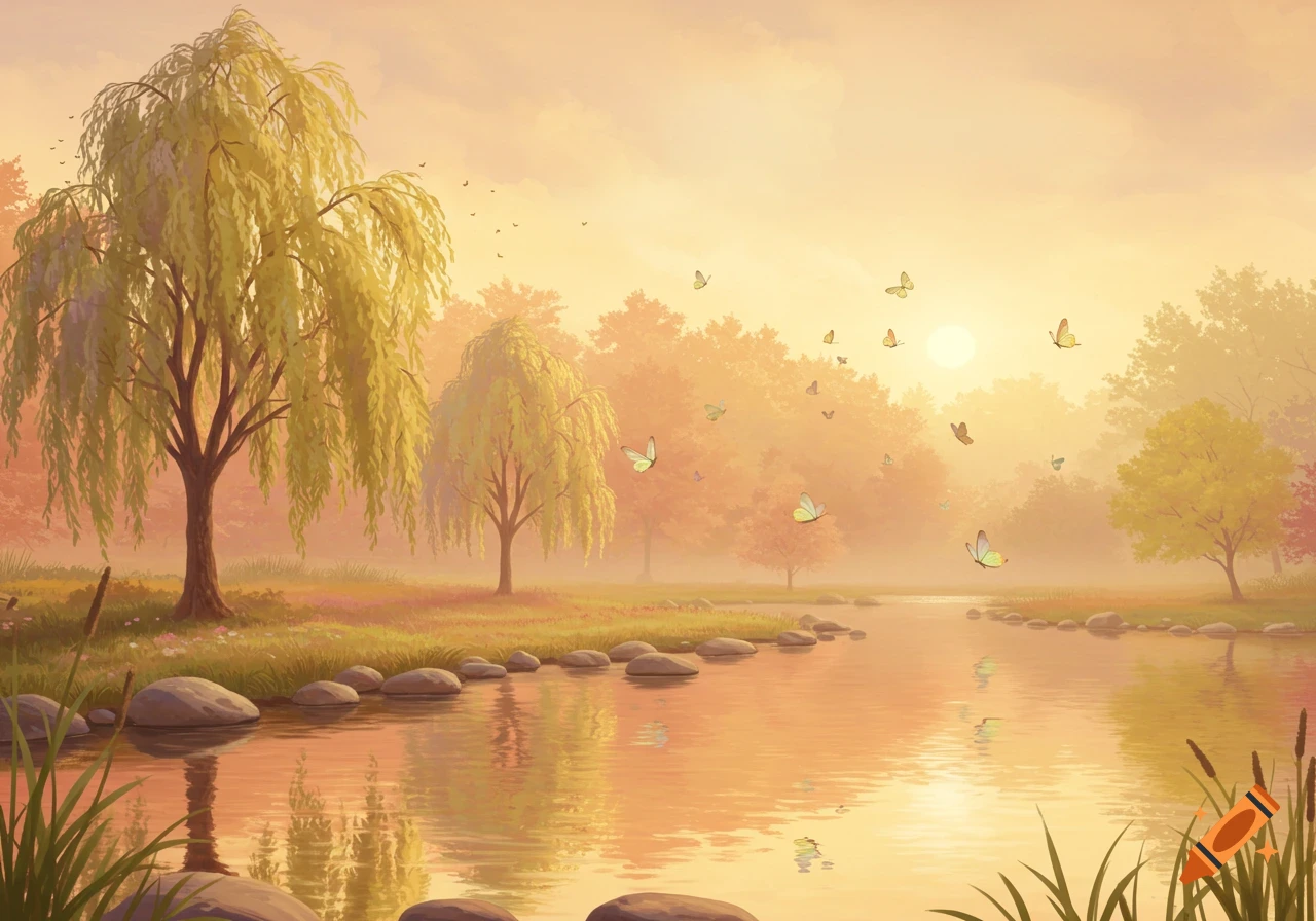 Dreamy, golden hour landscape painting of a peaceful river with weeping willow trees, rocks, and butterflies fluttering.