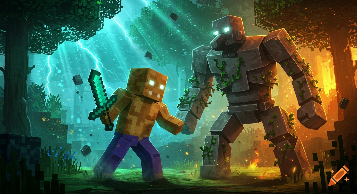 Herobrine with a sword confronts an Iron Golem in a stylized, blocky Minecraft forest during a lightning storm.