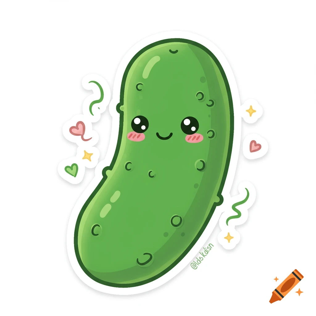Cute cartoon sticker of a happy pickle with rosy cheeks and big eyes, surrounded by small hearts and stars on a white background.