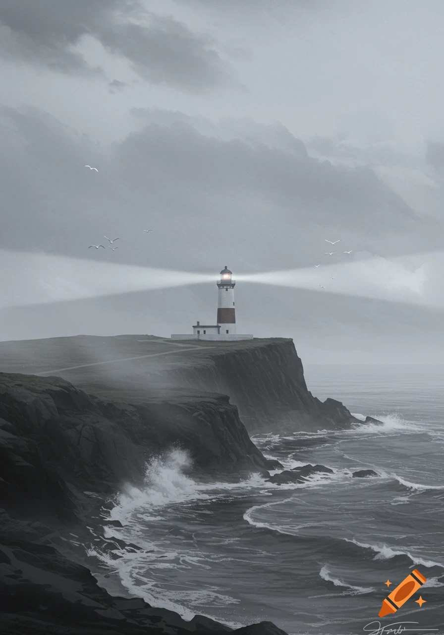 Digital painting of a lighthouse on a rugged cliff overlooking stormy gray seas under a cloudy sky.