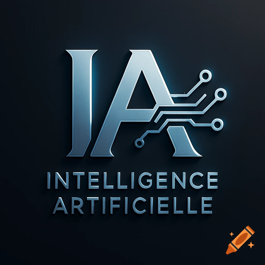 Silver 3D logo with 'IA' (the A has circuit board lines) above 'INTELLIGENCE ARTIFICIELLE' on a dark background.