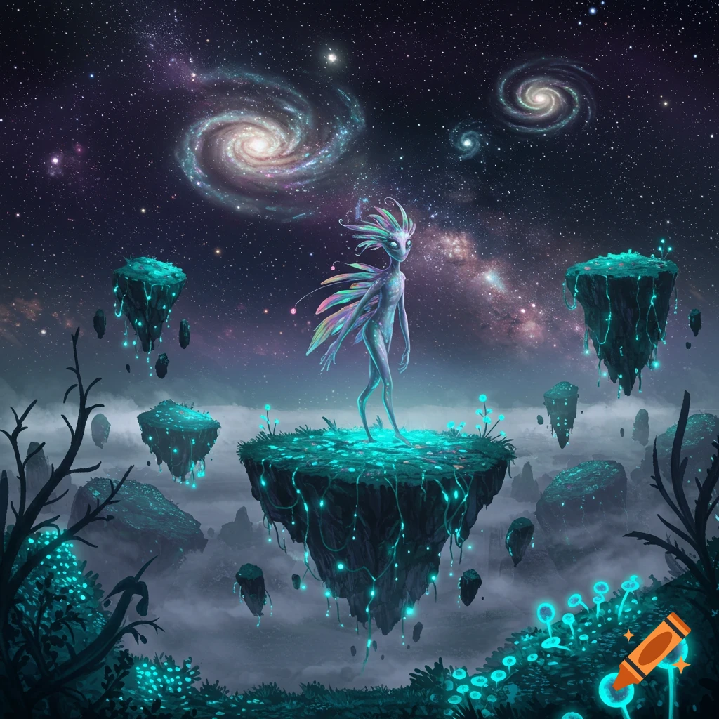 A slender, colorful alien stands on a glowing floating island amidst more islands, nebulae, and galaxies in a cosmic night sky.