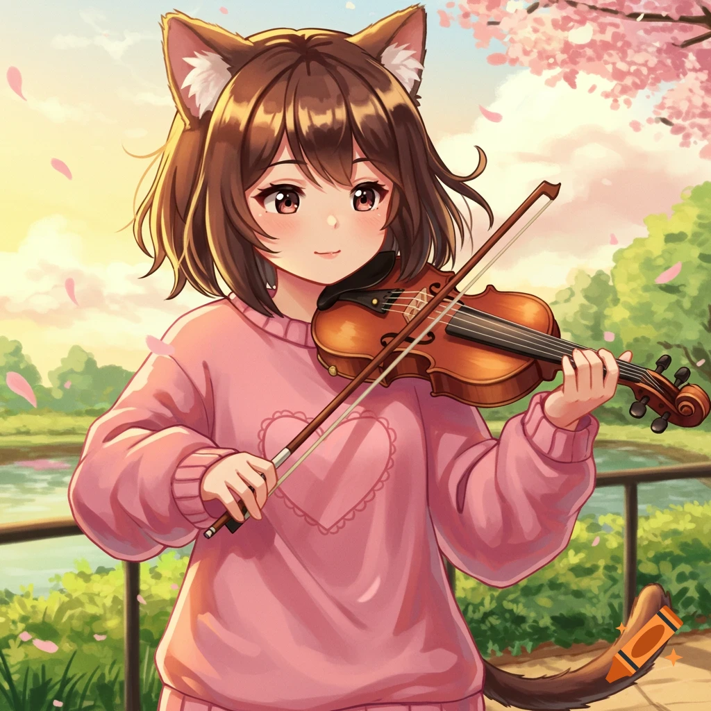 Cute anime cat girl with brown hair, wearing a pink sweater with a heart, playing a violin outdoors with cherry blossoms.