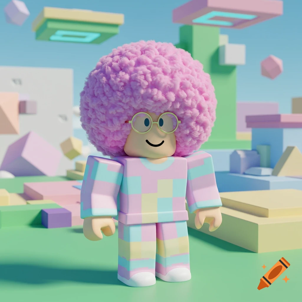 A cute Roblox character with fluffy pink afro, round glasses, and a pastel checkered outfit stands in a colorful, blocky landscape.