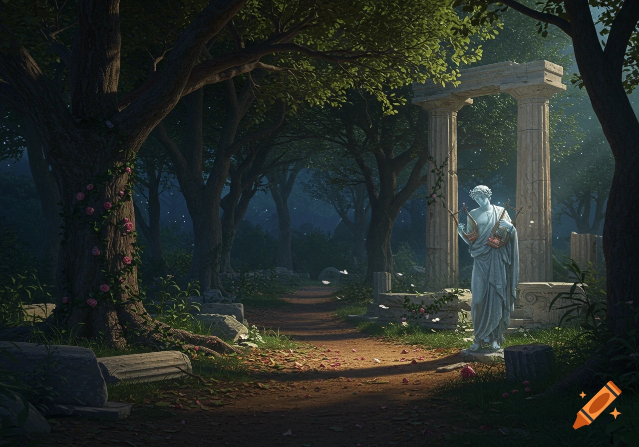 White marble statue of Apollo playing a lyre in a mystical, sun-dappled forest with ancient Greek ruins.