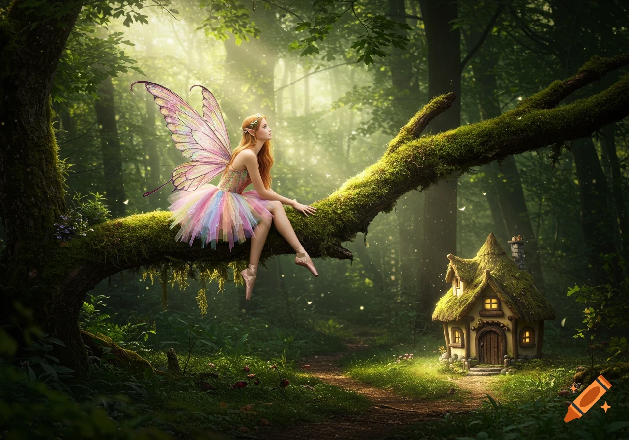 Photorealistic fairy in a rainbow tutu and brilliant wings sits on a mossy tree branch in a sunlit forest with a tiny fairy house.