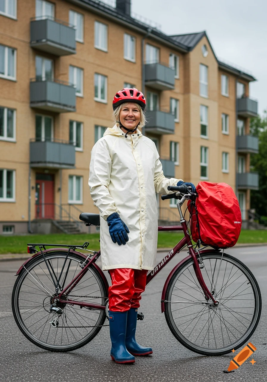 A woman in a white raincoat, red rain pants, blue rubber boots, and a red helmet stands next to a burgundy bicycle in front of an apartment building.