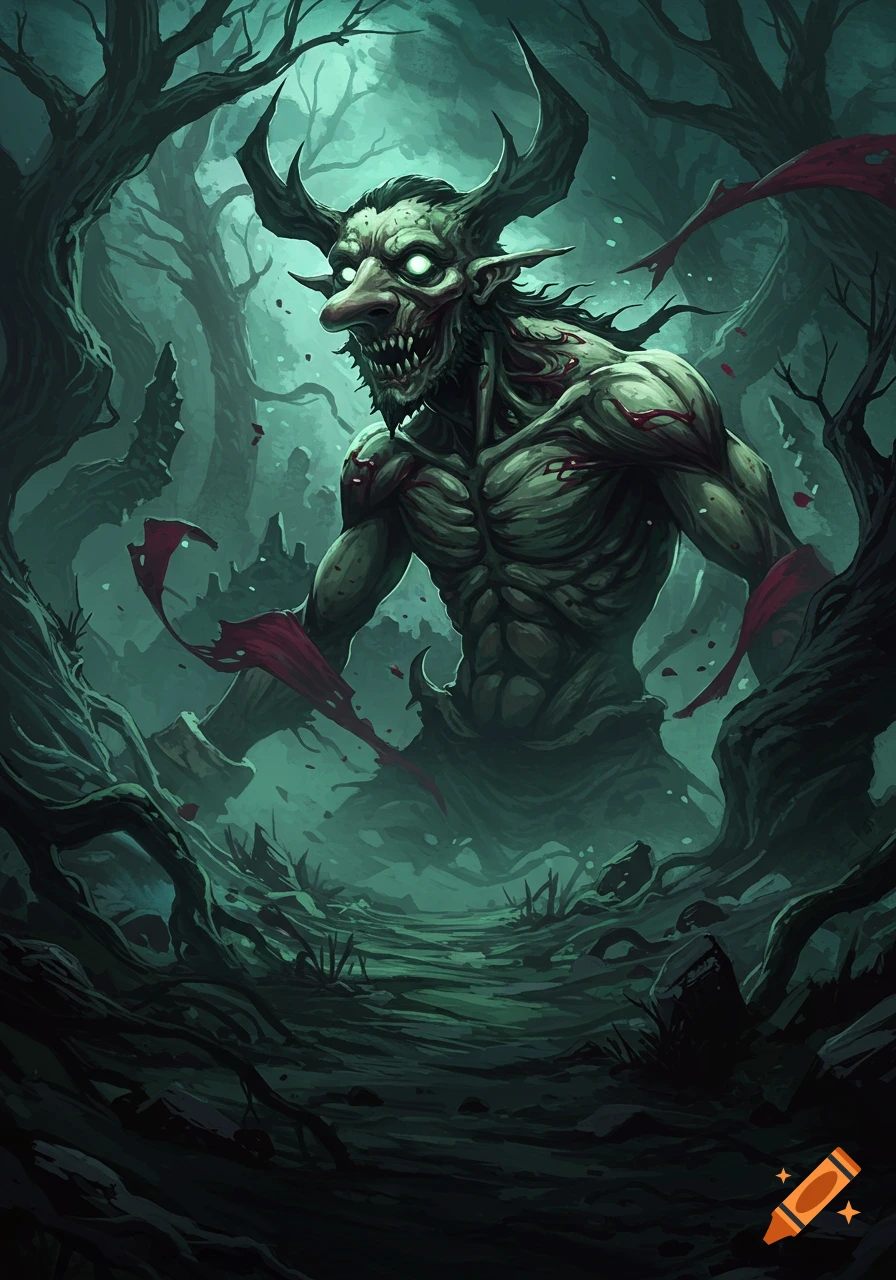 A grotesque, green-skinned demon-like creature with horns, glowing white eyes, a large nose, and sharp teeth stands in a dark, eerie forest.