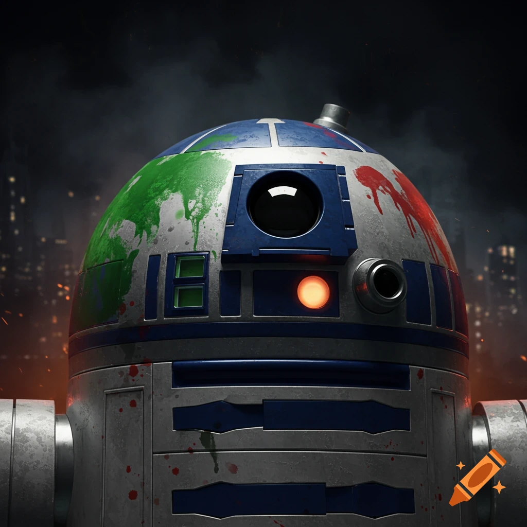 Close-up of R2-D2 droid painted with green and red splatters, set against a dark, gritty city background.