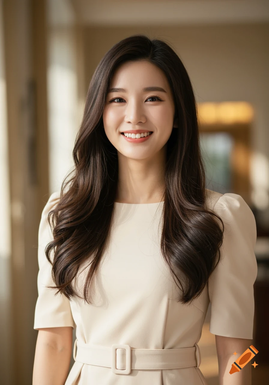A smiling woman with long, dark brown hair wears a cream-colored belted dress. Photorealistic portrait with blurred background.