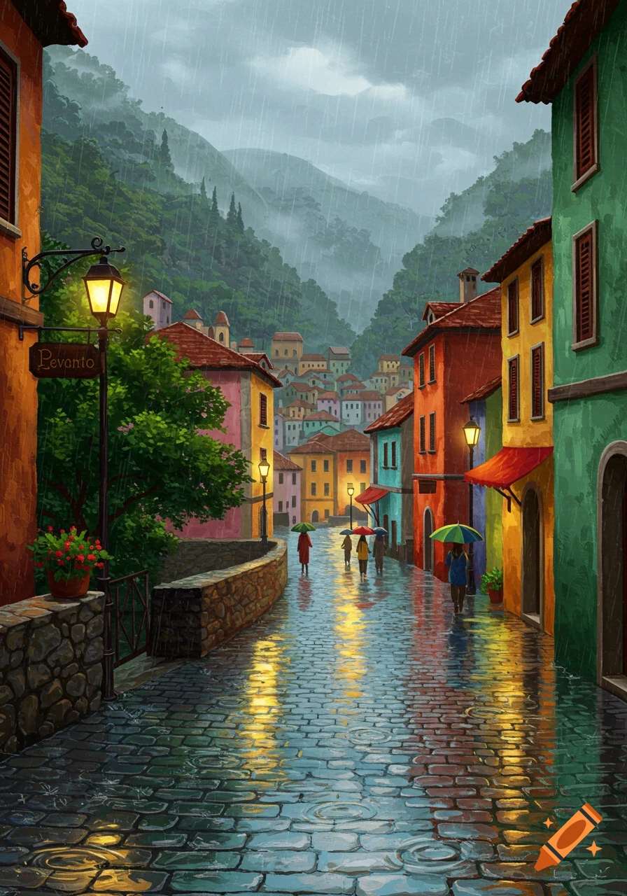 A colorful illustration of a rainy town street, with people walking under umbrellas on wet cobblestones reflecting light from lamps and buildings.