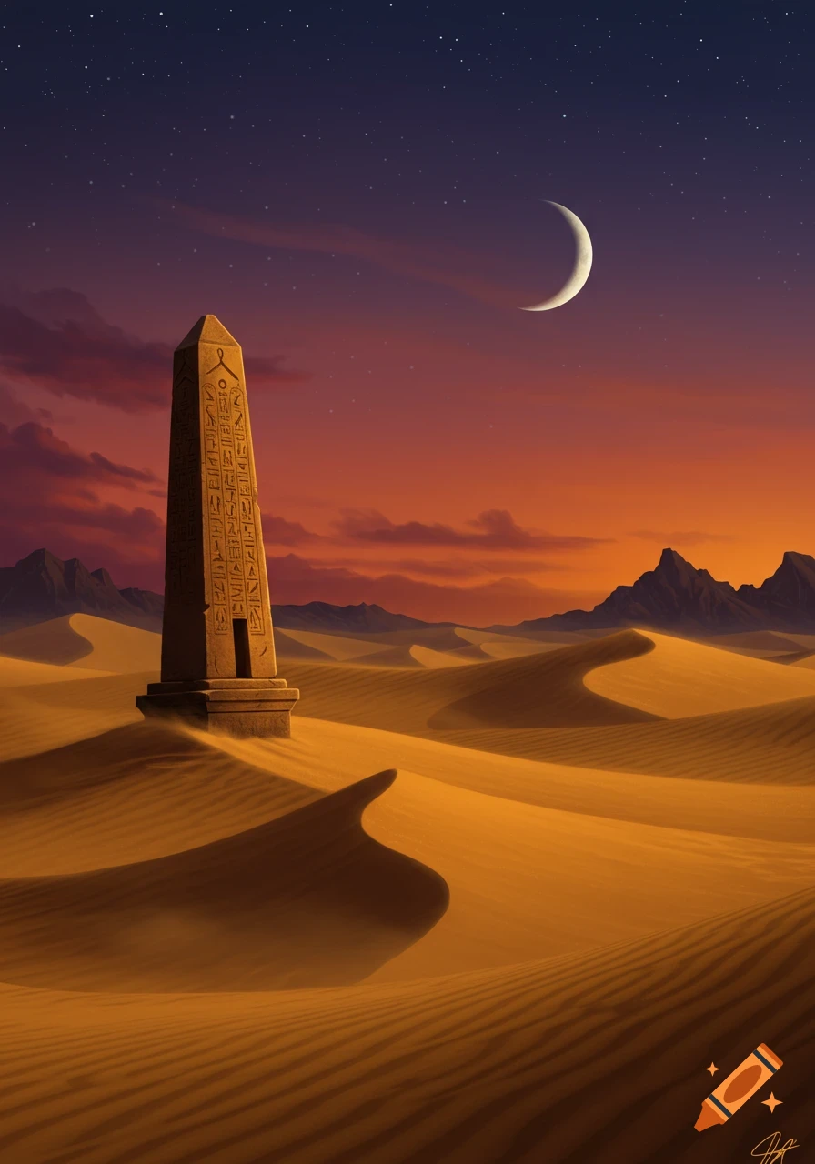 A towering obelisk covered in hieroglyphs stands in a vast, golden desert under a dark, starry sky with a crescent moon.