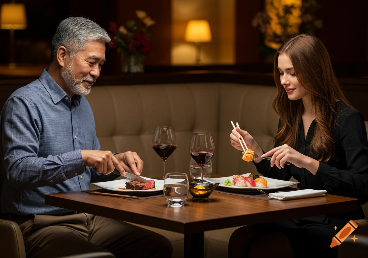 A smiling older man cuts a steak while a younger woman eats sushi with chopsticks and a fork in a dimly lit restaurant.