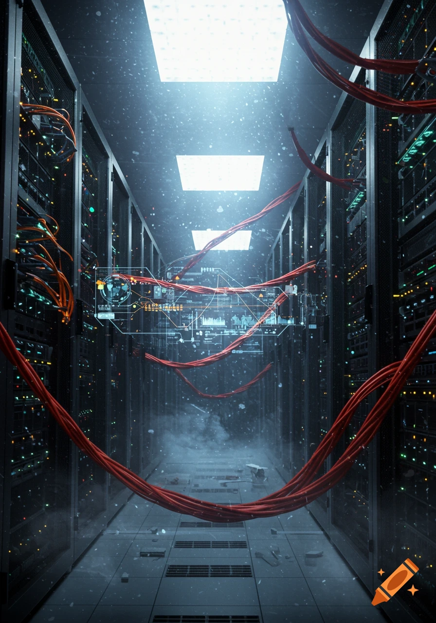 Futuristic server room with rows of data racks, glowing red cables, and holographic interfaces, under bright lights.