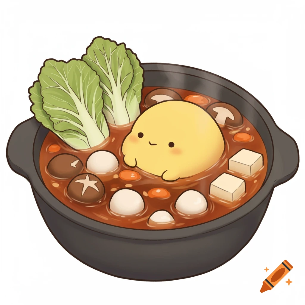 A cute, round yellow character with small black eyes and a dash for a mouth floats in a hotpot with cabbage, mushrooms, and tofu in a kawaii chibi art style.