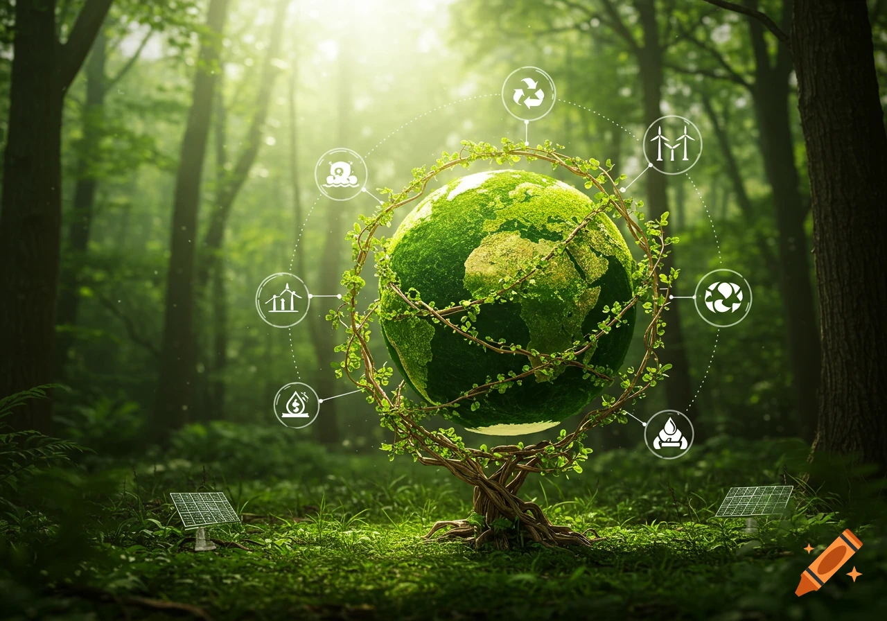 Moss-covered Earth wrapped in vines, surrounded by environmental icons, in a lush forest with solar panels, digital art.
