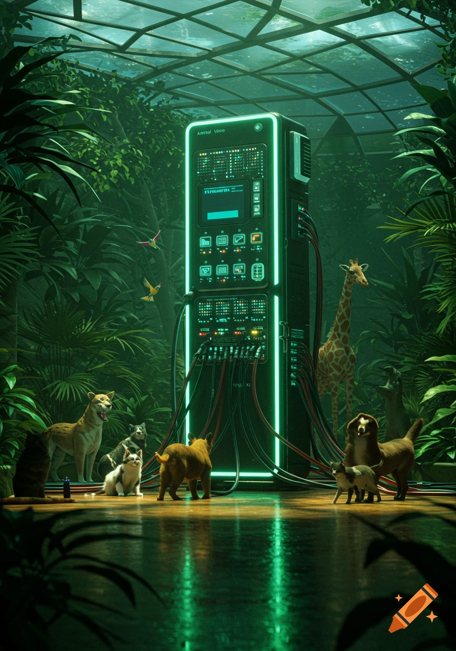 A glowing futuristic machine stands in a lush jungle with various animals gathered around it, under a glass ceiling.