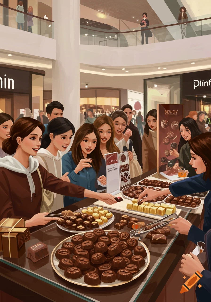 An illustration of a bustling mall scene where women are sampling and buying chocolates from a display stand.
