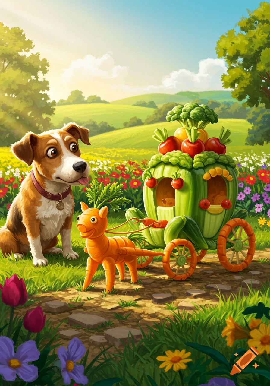 Whimsical illustration of a dog next to a vegetable carriage pulled by a carrot-pony in a sunny wildflower field.