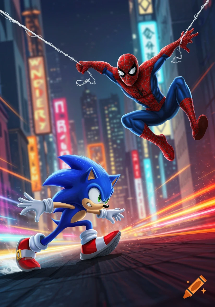 Spider-Man swings above Sonic the Hedgehog who races across a futuristic city street at night, in a comic art style.