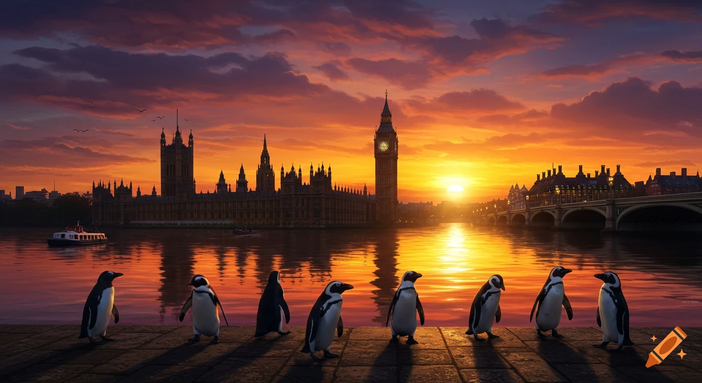 Photorealistic image of penguins walking on the Thames riverbank at sunset, with Big Ben and Houses of Parliament in the background.