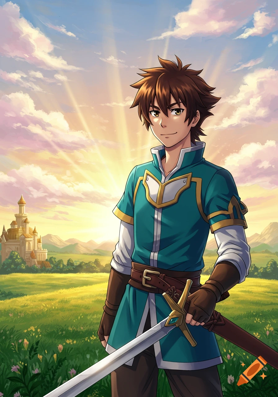 Anime male character holding a sword in a sunny field with a distant castle.