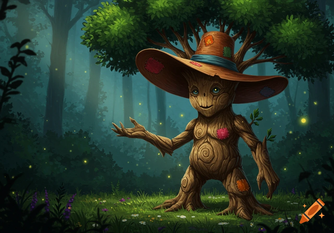 A whimsical, smiling tree creature in a patched straw hat stands in an enchanted forest with glowing fireflies. Cartoon illustration.