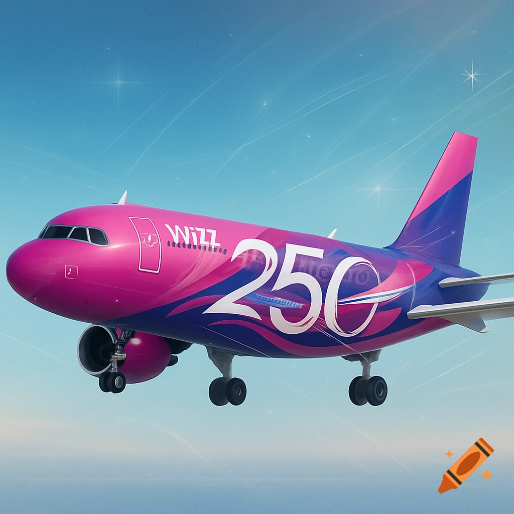 A magenta and blue WizzAir plane with 'WIZZ' and '250' on its side, flying in a clear blue sky with subtle star-like effects. The plane is seen from a slightly low angle, showing its landing gear.