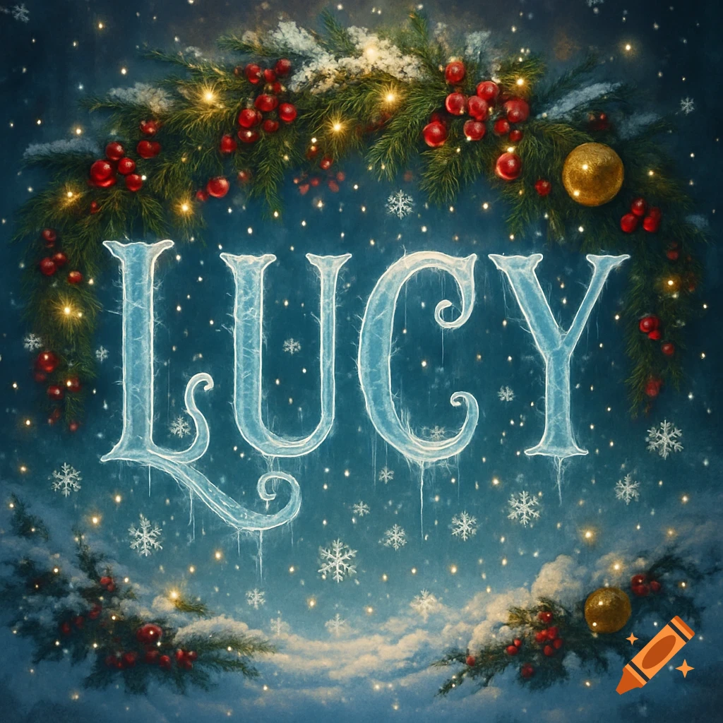 A festive Christmas wreath with red berries, pine needles, and golden ornaments, framing the name 'LUCY' in icy blue letters, surrounded by glowing snowflakes.