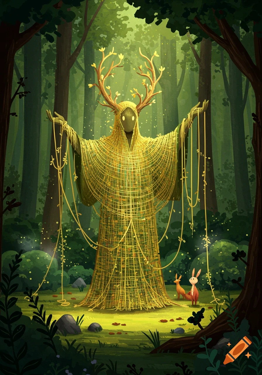Mystical antlered forest spirit woven from golden strands stands in a lush green forest with small animals, illustration.