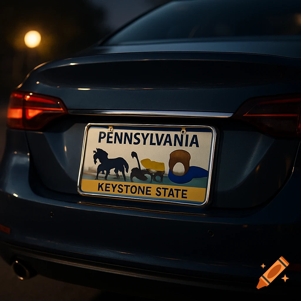 Back of a blue car at night with a Pennsylvania 'Keystone State' license plate, photorealistic.
