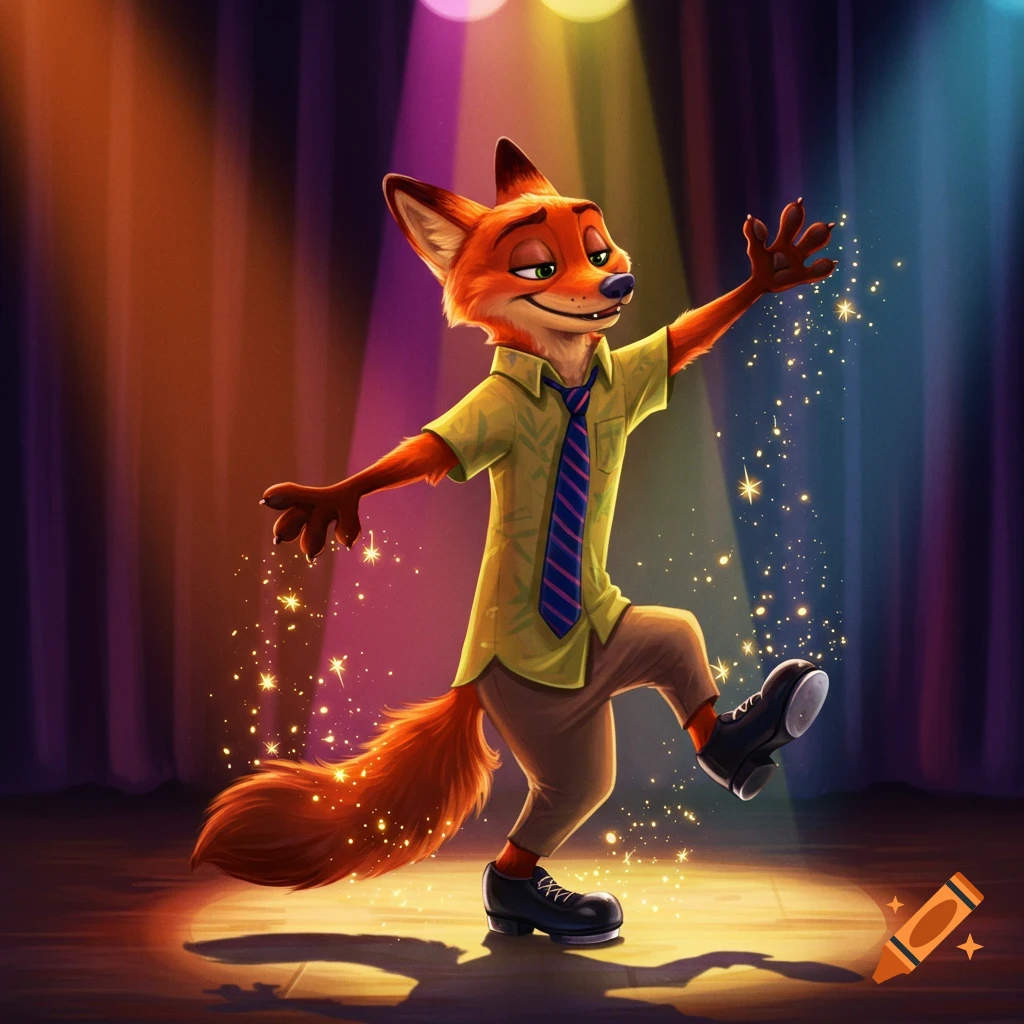 Nick Wilde, a cartoon fox, tap dancing on a stage under colorful spotlights with magical sparkles.