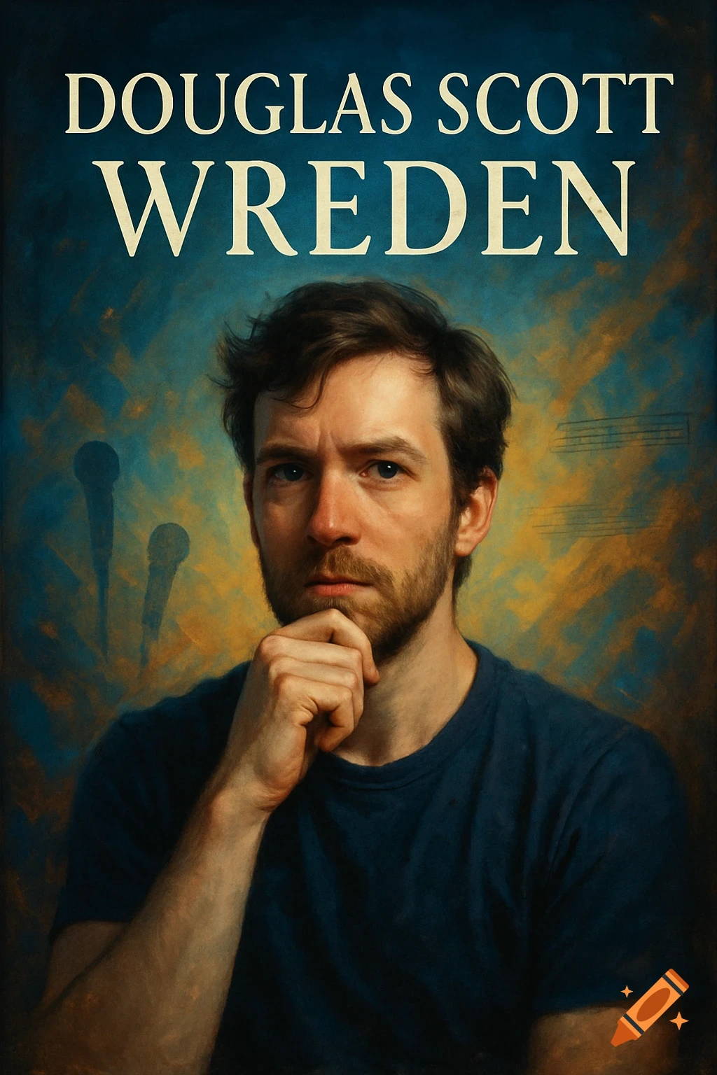 Digital painting of a thoughtful man with a beard and blue shirt, with 'Douglas Scott Wreden' as a book title, on a textured background.