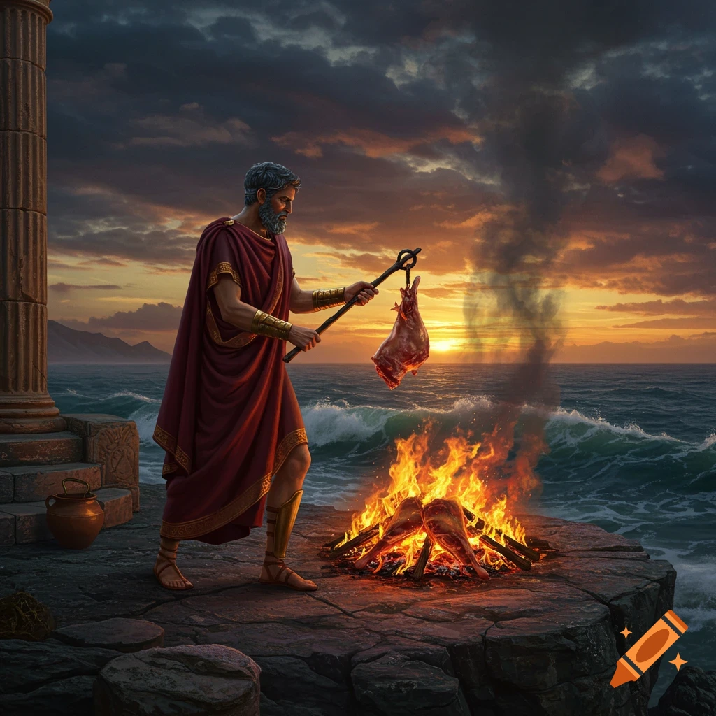 Odysseus-like man in ancient Greek attire burns lamb legs on a bonfire by the ocean at sunset.
