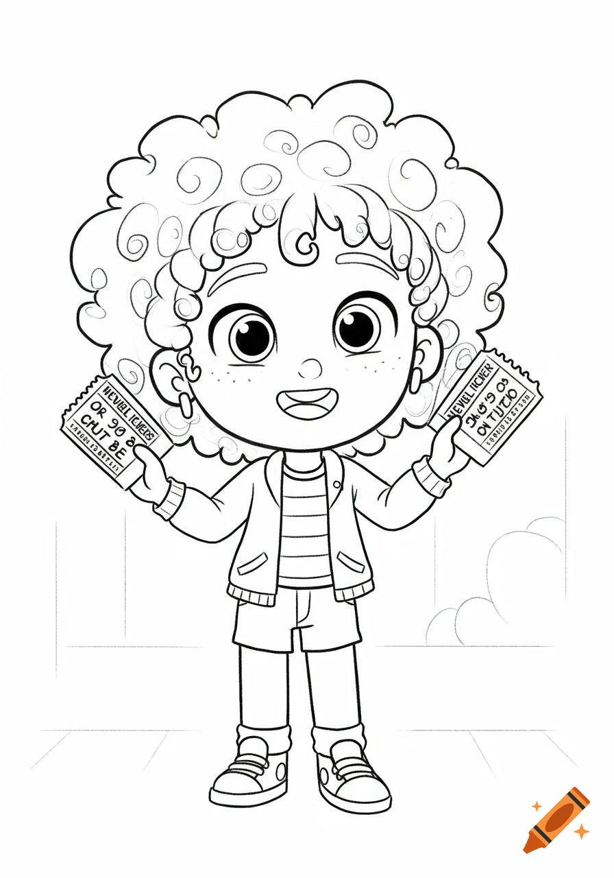 A black and white cartoon character with curly hair, smiling and holding two movie tickets.