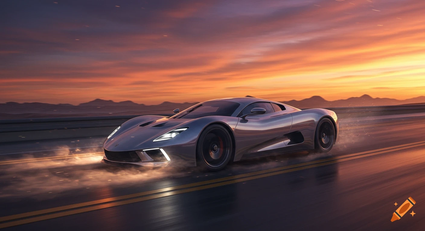 Hyper-realistic silver hypercar speeding on a highway at sunset, with motion blur.