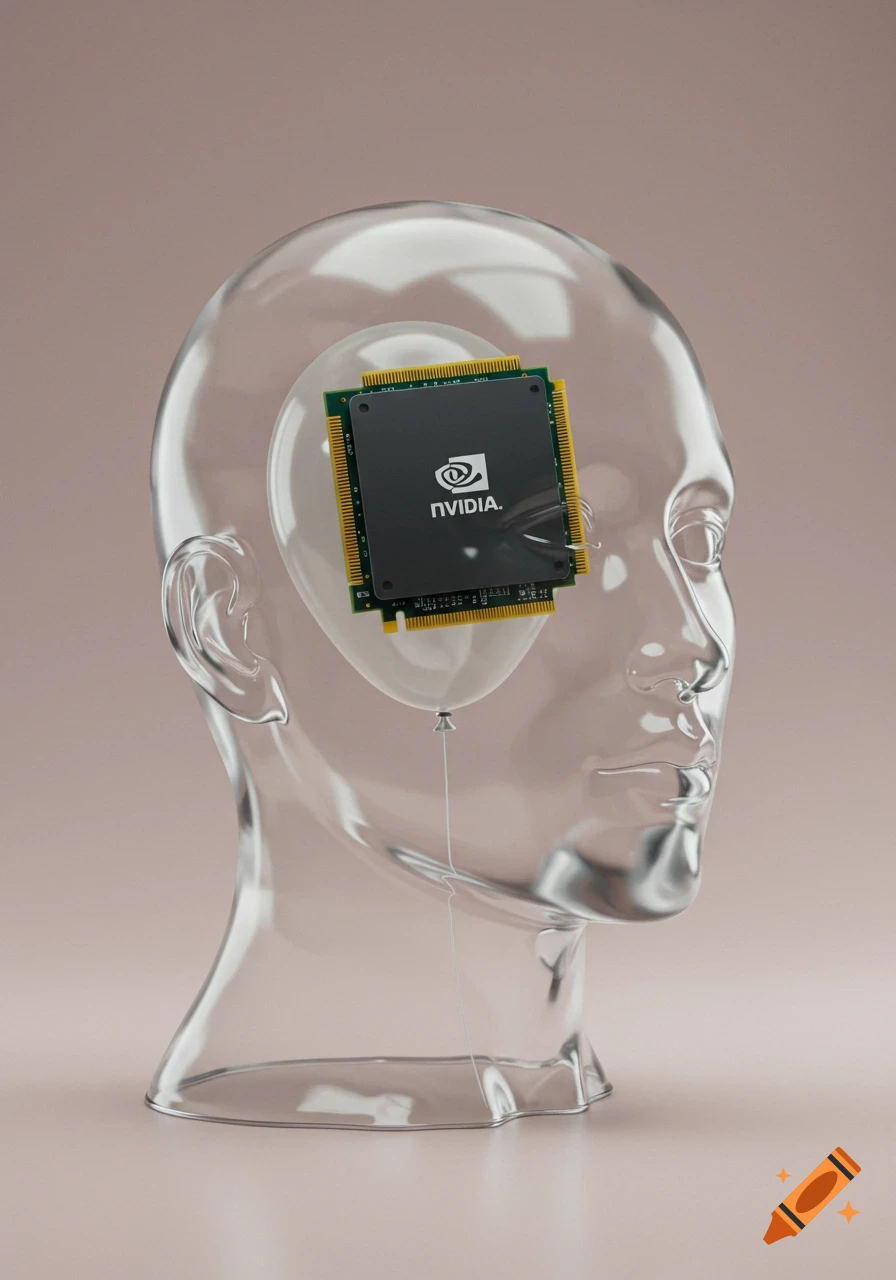 Photorealistic image of a transparent glassy human head sculpture with an NVIDIA GPU chip visibly placed inside.